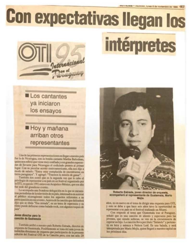 Nota de prensa de la participación de Roberto Estrada en el Festival OTI 1995